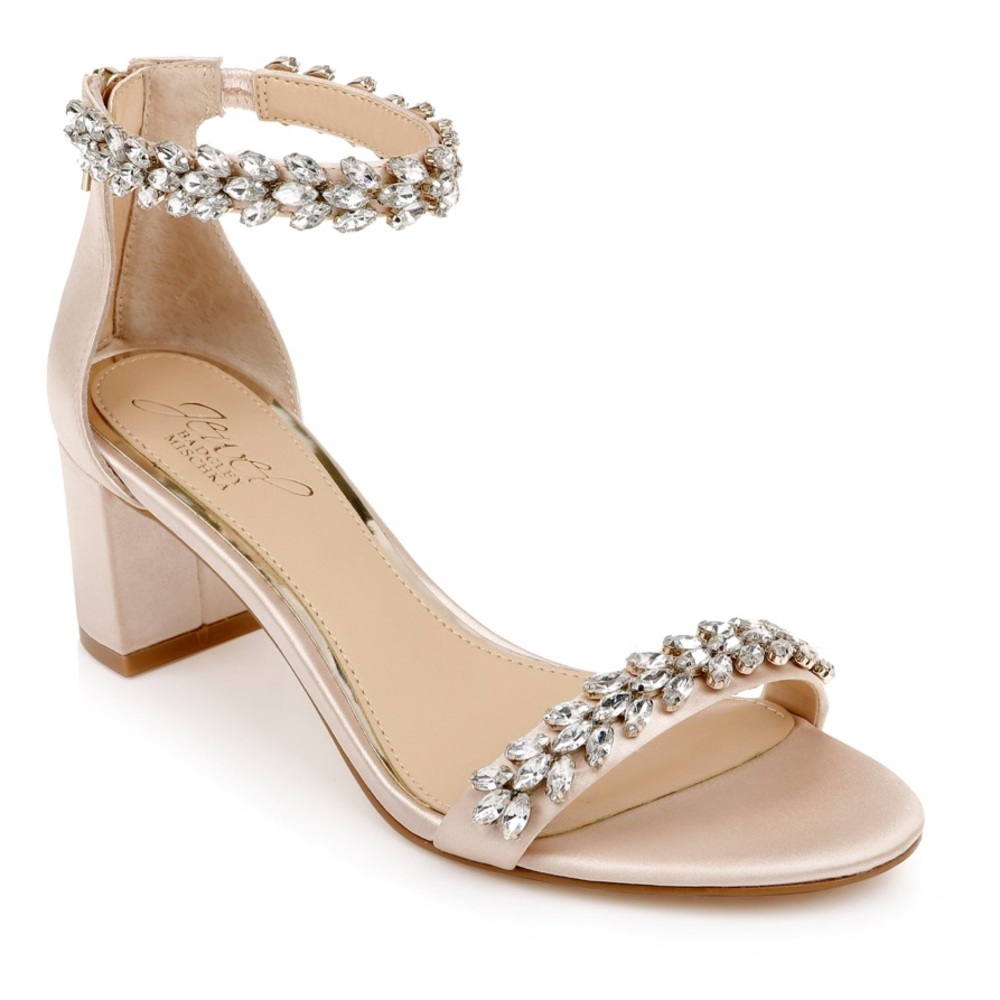 Badgley Mischka Champagne Crystal Heels JW3344 Bronwen Embellished Evening Shoe
